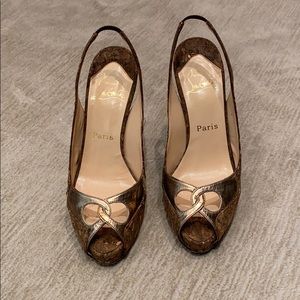 Christian Louboutin peep-toe cork and gold heels